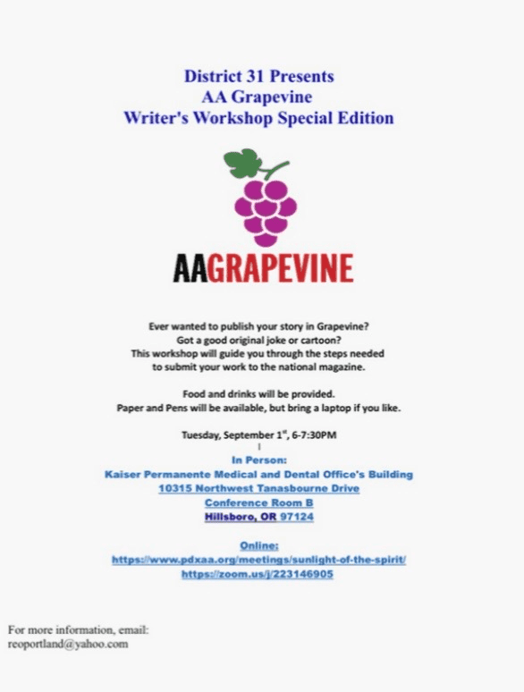 Flyer for District 31's AA Grapevine Writer's Workshop, September 1 2026 at Kaiser Permanente Tanasbourne, Hillsboro OR.